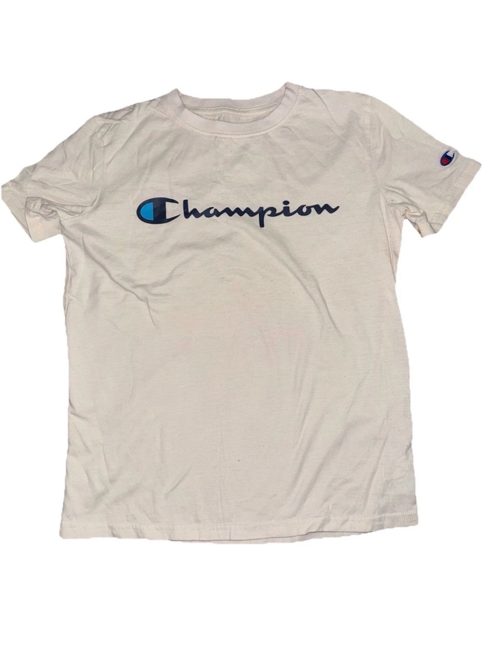 Champion Cream Logo Tee with Navy & Blue Script